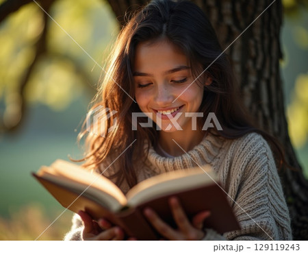 A close-up portrait of a teenager girl reading a book under a large oak tree, away from urban noise 129119243