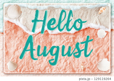 pastel pink and blue colour Hello August watercolour banner 129119264