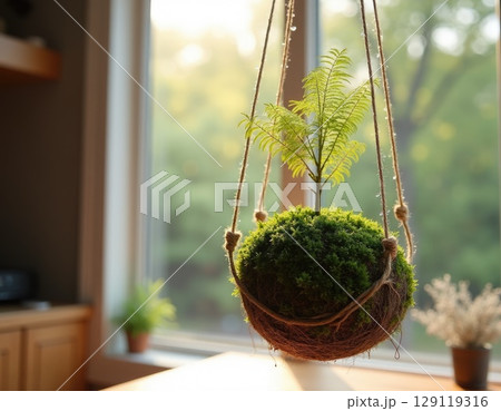 A single Kokedama, a moss-covered sphere supporting a delicate fern, suspended by twine in front of a large window, illuminated by soft morning sunlight A single Kokedama, a moss-covered sphere supporting a delicate fern, suspended by twine in front of a large window, illuminated by soft morning sunlight 129119316