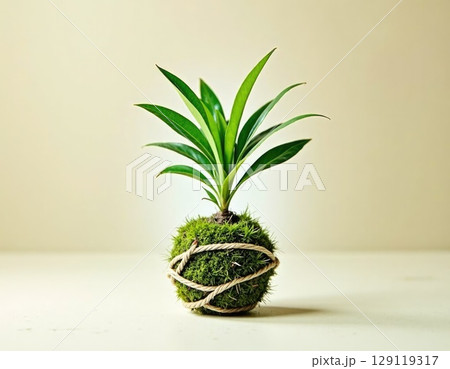 A perfectly round Kokedama with tree, covered in rich green moss on white background A perfectly round Kokedama with tree, covered in rich green moss on white background 129119317