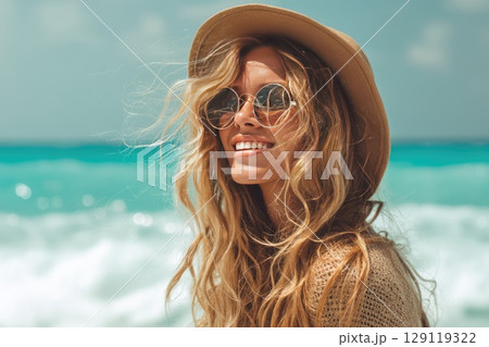A beautiful young woman with long hair waving in wind wearing hat on sea shore. Hello summer 129119322