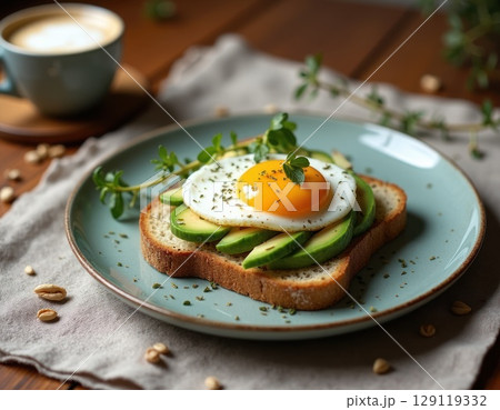 a plate with bread slice, avocado, poached egg, and parsley on top. A latte with foam on background 129119332