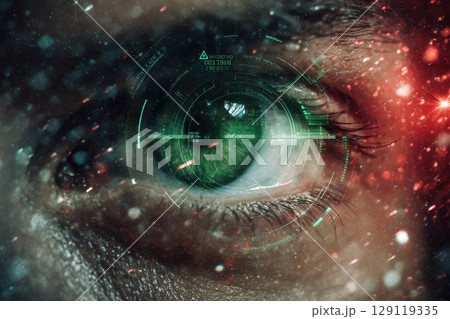 green human eye overlayed with digital background 129119335