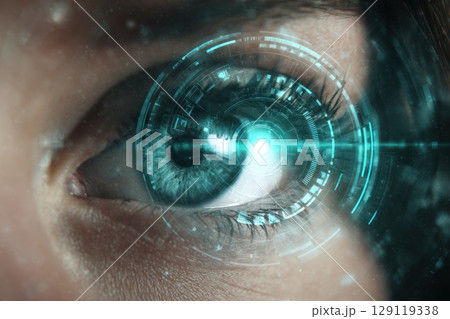 Worldcoin project, biometric iris scanner projecting holographic interface, scanning a glowing human eye 129119338
