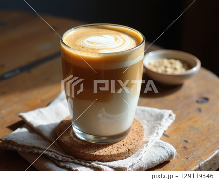 A creamy tahini latte served in a glass. The witht layers - tahini, steamed oat milk in the middle, and a foam top dusted with cinnamon. 129119346