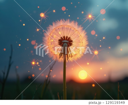 a hyperrealistic dandelion seed head where each parachute is a miniature wind turbine backlighting wih sunset light 129119349