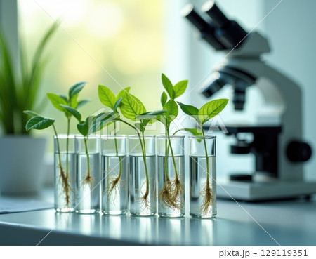 laboratory environment with rows of small plants growing in transparent containers laboratory environment with rows of small plants growing in transparent containers 129119351