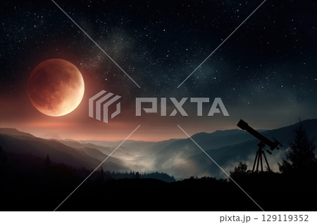 Full lunar eclipse over a dark mountain landscape, silhouette of a telescope in the foreground 129119352