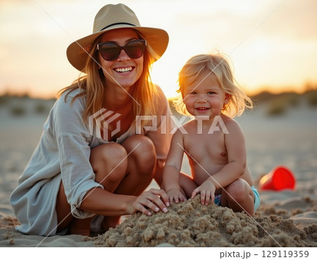 beautiful smiling woman wearing straw hat with little child making a sand castle on sunset beach 129119359