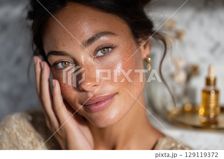 portrait of a beautiful woman with glowing hydrated skin spreading a peptide-infused cream on her cheek with her fingertips. 129119372