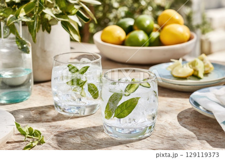 An elegant outdoor brunch table set for two, glasses of Spa Spritz with visible cucumber and basil garnish, surrounded by plates of citrus fruits 129119373