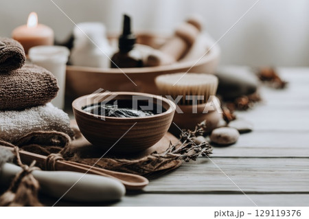 Close-up of raw shilajit resin on a rustic wooden surface, surrounded by Himalayan rocks, dried herbs, and wellness accessories. 129119376