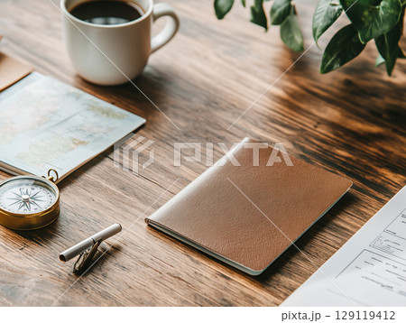 minimalist flat-lay of an open passport surrounded by travel accessories like maps, compass, and tickets. AI Generated. 129119412