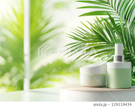 Product for skin care. Set Different of cosmetic bottles of cream or lotion on green background. AI Generated. 129119434