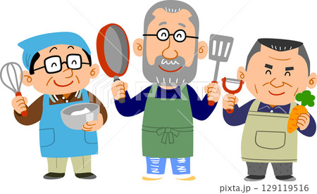楽しそうに調理道具を持つ3人のシニア男性 129119516