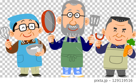 楽しそうに調理道具を持つ3人のシニア男性 129119516