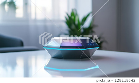 Modern smart speaker device with colorful light on a table 129119542