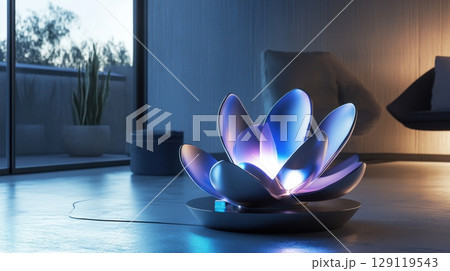 Futuristic illuminated lotus design decor in modern interior space 129119543