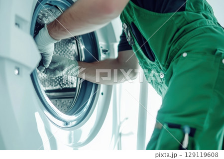 A professional technician performs the repair or maintenance of washing machines. The concept of advertising home appliance repair services and service centers. A place for your text. The banner 129119608