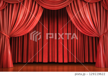 Closed maroon red curtain of stage with spotlight before show. Art performance background. Velvet curtain with arch entrance. Theatre. Nightclub cabaret show. Presentation of classic luxurious work 129119622