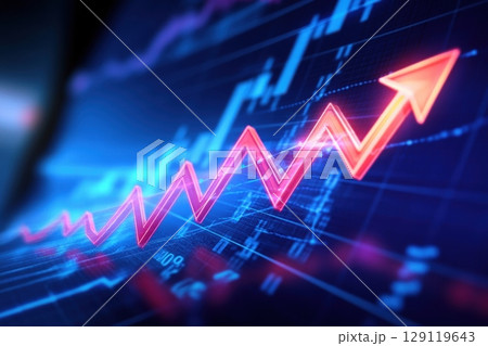 Dynamic red arrow points upward on futuristic digital screen with glowing blue and orange elements. Abstract representation of financial growth, investment increase, and market expansion. Banner 129119643