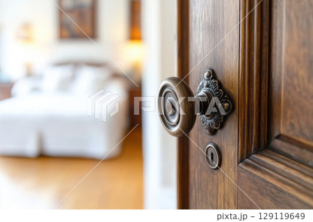 Doorknob. Metal door handle lock and latch of brass on veneer doors. Door wooden half opening through interior hotel room bedroom background, selective focus. Modern trends in interior design. Closeup 129119649