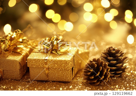 Different gold Christmas gift boxes stacked on festive golden bokeh lights background. Gift boxes, ribbons, gold colored bow. Mock-up copy space. Wrapped presents banner. Happy new year. Xmas card. 129119662