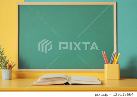 Back to school green chalkboard background with stationery, kids supplies, green apple on table. Colorful paper, color pencils, stack of books. Copy space for text. Front view. Young student desk 129119664