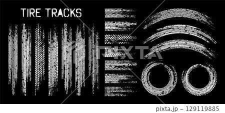 Grunge tire tracks, wheel braking marks. Truck, car or motorcycle tread pattern silhouettes. Auto race, motorsport, speed racing design element. Vector illustration 129119885