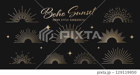 Vintage golden sunburst, sunset beams collection. Boho style, modern minimalist bohemian design. Hand drawn bursting sun, light rays. Logotype or lettering retro design element. Vector illustration 129119950