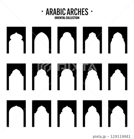 Islamic frames, oriental style objects. Arabic shapes, windows and arches. Traditional ornamental banner, frame. Muslim holidays, Ramadan Kareem. Modern eastern architecture. Vector illustration Islamic frames, oriental style objects. Arabic shapes, windows and arches. Traditional ornamental banner, frame. Muslim holidays, Ramadan Kareem. Modern eastern architecture. Vector illustration 129119981