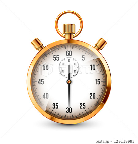 Realistic classic stopwatch. Shiny golden metal chronometer, time counter with dial. Countdown timer showing minutes and seconds. Time measurement for sport, start, finish. Vector illustration Realistic classic stopwatch. Shiny golden metal chronometer, time counter with dial. Countdown timer showing minutes and seconds. Time measurement for sport, start, finish. Vector illustration 129119993