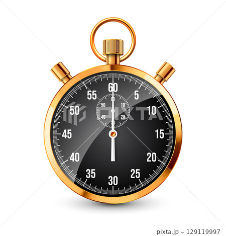 Realistic classic stopwatch. Shiny golden metal chronometer, time counter with dial. Countdown timer showing minutes and seconds. Time measurement for sport, start, finish. Vector illustration 129119997