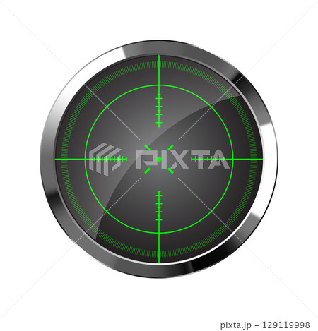 Chrome weapon night sight, sniper rifle optical scope. Hunting gun viewfinder with crosshair. Aim, shooting mark symbol. Military target sign, silhouette. Game UI element. Vector illustration Chrome weapon night sight, sniper rifle optical scope. Hunting gun viewfinder with crosshair. Aim, shooting mark symbol. Military target sign, silhouette. Game UI element. Vector illustration 129119998