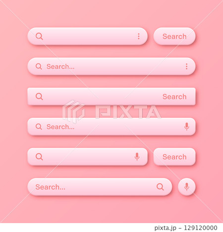 Colorful 3d search bar templates. Internet browser engine with search box, address bar and text field. UI design, website interface element with web icons and push button. Vector illustration Colorful 3d search bar templates. Internet browser engine with search box, address bar and text field. UI design, website interface element with web icons and push button. Vector illustration 129120000