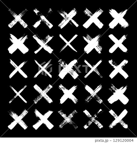 Grunge crosses, brush strokes, x mark, lines, ink smudges, hand-drawn scribble shapes. Handmade sketchy marks, acrylic stains, charcoal streaks. Paint textures, dry brush effect. Vector illustration 129120004