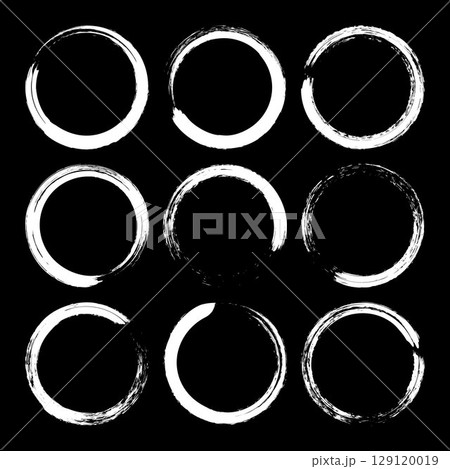 Grunge circles, brush strokes, lines, ink smudges, hand-drawn scribble shapes. Handmade sketchy marks, acrylic stains, charcoal streaks. Paint textures, dry brush effect. Vector illustration 129120019