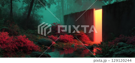 Mysterious glowing door in a lush forest at dusk 129120244