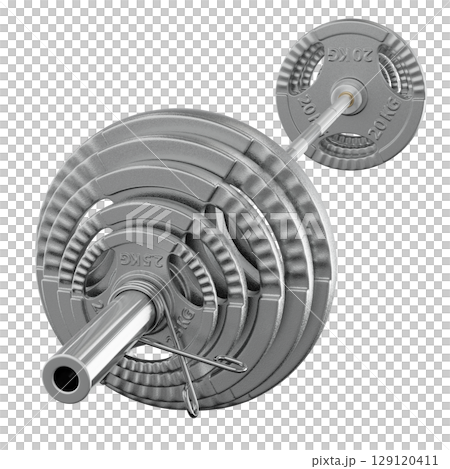 Cast Iron Olympic Adjustable Barbell with plates, weightlifting gym equipment, side view Cast Iron Olympic Adjustable Barbell with plates, weightlifting gym equipment, side view 129120411