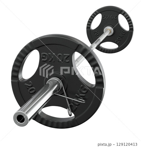 Cast Iron Olympic Adjustable Barbell with 20kg or 44lb plates, weightlifting gym equipment, side view Cast Iron Olympic Adjustable Barbell with 20kg or 44lb plates, weightlifting gym equipment, side view 129120413