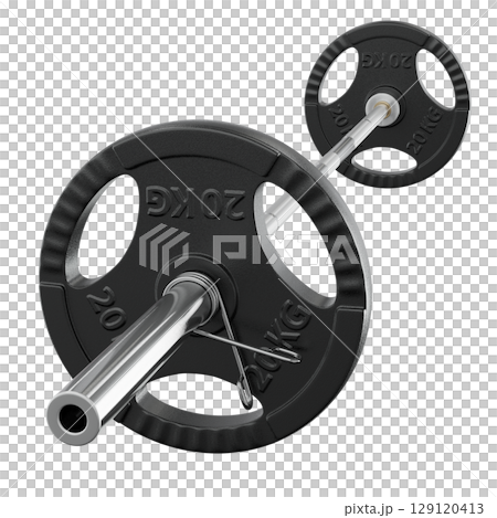 Cast Iron Olympic Adjustable Barbell with 20kg or 44lb plates, weightlifting gym equipment, side view Cast Iron Olympic Adjustable Barbell with 20kg or 44lb plates, weightlifting gym equipment, side view 129120413