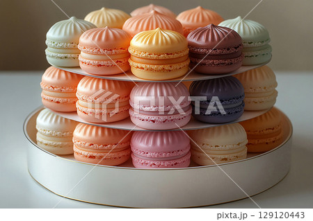 Pastel colored macaron tower in plate with soft lighting. 129120443