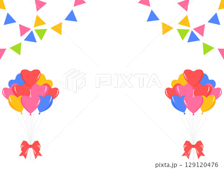 ハートの風船、ガーランド、旗のデコレーションフレーム 129120476