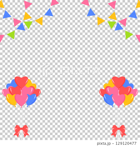 心形氣球、花環和旗幟裝飾框，方形 129120477