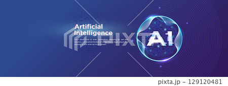 Artificial Intelligence Digital Wave with AI Typography and Glowing Data Sphere 129120481