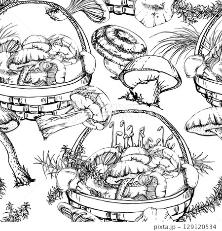 Baskets full of picked mushrooms, autumn forest harvest of bolete russula webcap milk-cap fungi with horsetail plant stalks, grass blades. Seamless pattern tile hand drawn in vector ink. Label, menu 129120534