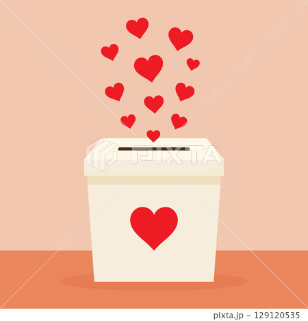 Donation Box with Red Hearts Flat Vector Illustration. 129120535