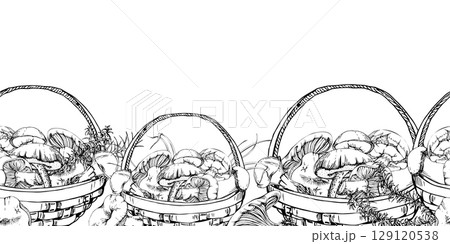 Baskets full of picked mushrooms, autumn forest harvest of bolete russula webcap milk-cap fungi with horsetail plant stalks, grass blades. Seamless banner header wrapper hand drawn in vector ink. Baskets full of picked mushrooms, autumn forest harvest of bolete russula webcap milk-cap fungi with horsetail plant stalks, grass blades. Seamless banner header wrapper hand drawn in vector ink. 129120538