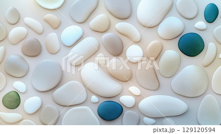A visually soothing arrangement of various smooth pebbles in soft pastel shades. A visually soothing arrangement of various smooth pebbles in soft pastel shades. 129120594