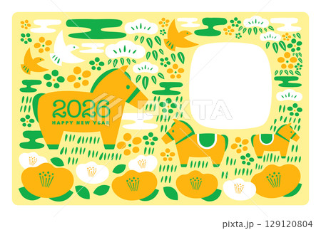 2026年のシンプルな午年の北欧風和モダンかわいい年賀状_馬と和風なあしらい飾り_写真フレームつき 129120804